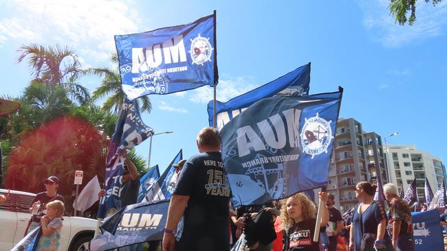 Hundreds of people turned up to the Unions NT May Day march in Darwin on Monday. Picture: Annabel Bowles