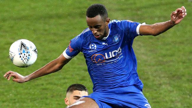 Matthew Crooks of Bentleigh (bottom) contests with Yusuf Ahmed of Avondale during NPL Soccer Grand Final: Avondale FC vs Bentleigh Greens on Sunday, September 15, 2019, in Melbourne, Victoria, Australia. Picture: Hamish Blair