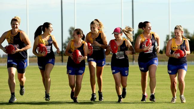 Members of East Coast Eagle first woman's team, Zoe Watson, Jess Bannerman, Aimee Cornwell, Emily Hurley, Chloe Arndt, Steph Jenkins and Tara during training at Kanebridge Oval. Pictures: Justin Sanson