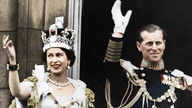 Queen Elizabeth II and the Duke of Edinburgh on the day of their coronation at Buckingham Palace, 1953.