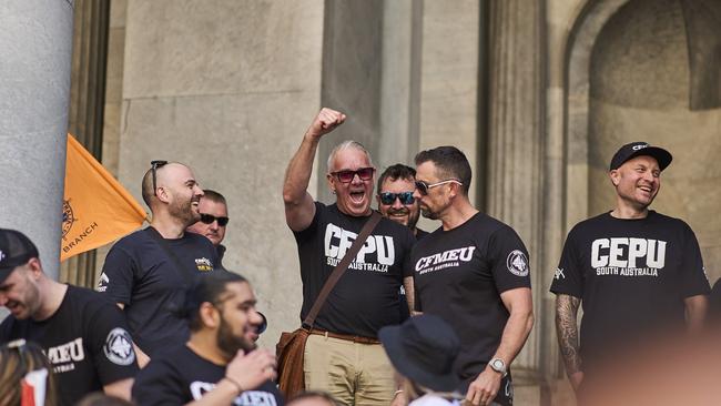 CFMEU and CEPU members on the steps of Parliament House. Picture: Matt Loxton