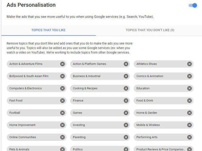 Google has created a list of topics you like (and don’t) to target you with ads. Picture: Supplied.