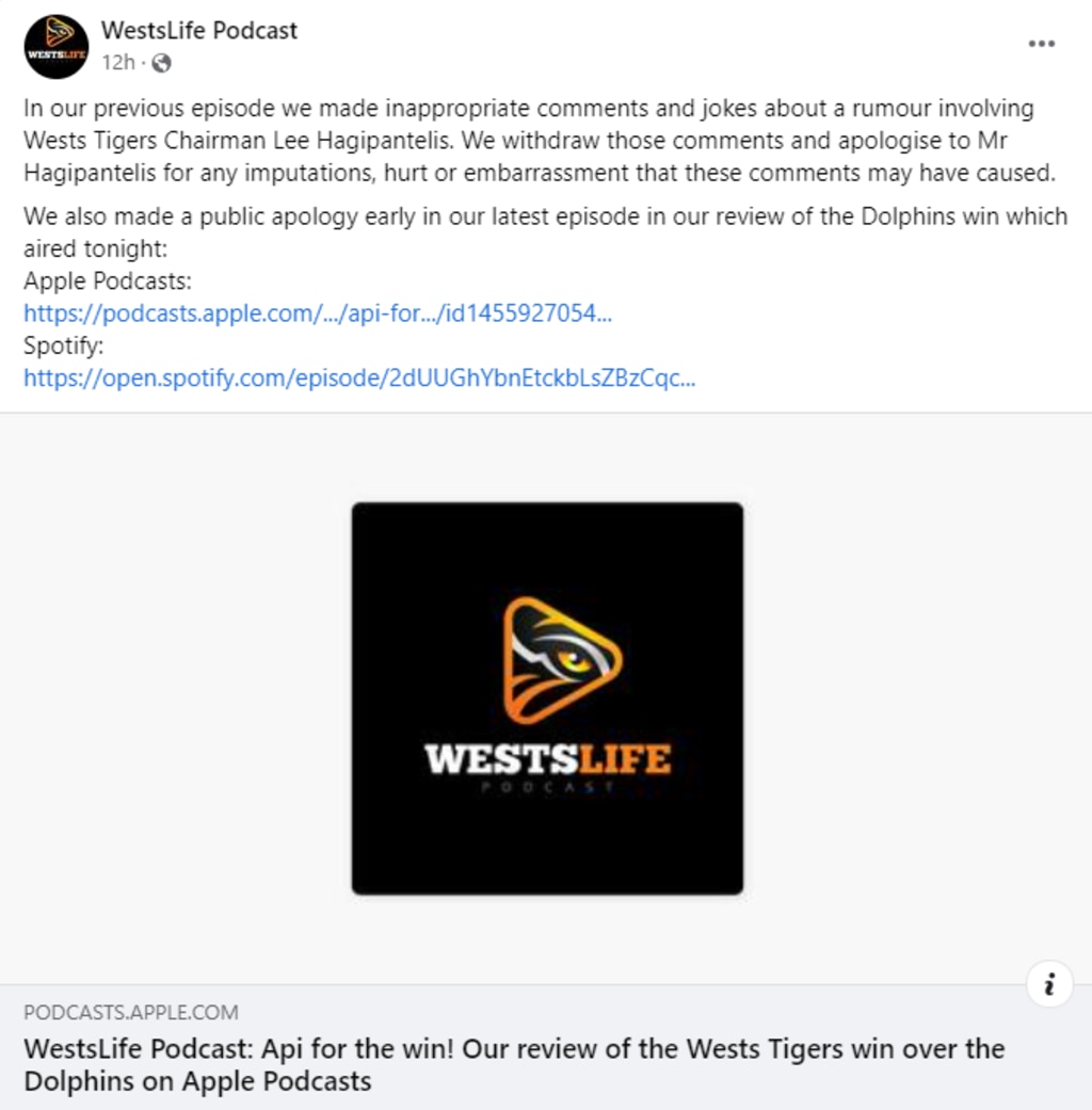 The WestsLife Podcast issued an apology to Wests Tigers chairman Lee Hagipantelis. Credit: Facebook.