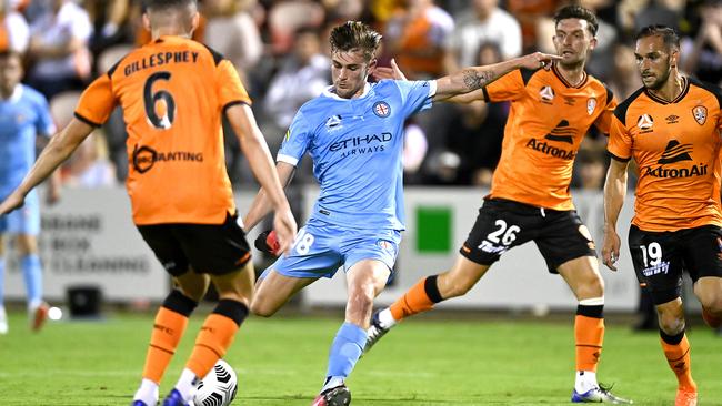 Melbourne City’s Connor Metcalfe kicks the winning goal against Brisbane Roar at Dolphin Stadium