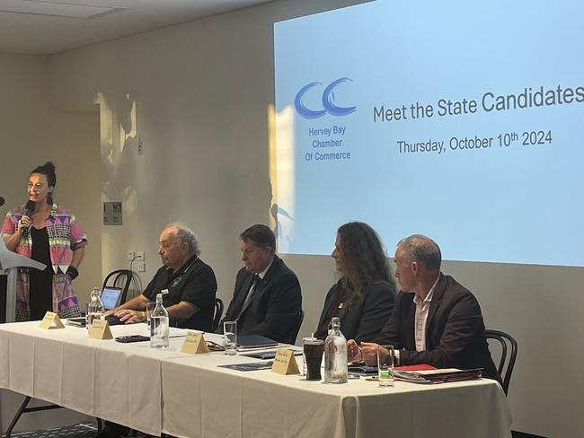 Bec Greenshields of Whalesong acts as MC at the Hervey Bay Meet the Candidates Forum attended by Jeff Knipe (Legalise Cannabis Queensland), David Lee (LNP), Quinn Hendry (One Nation) and Hervey Bay MP Adrian Tantari (Labor).