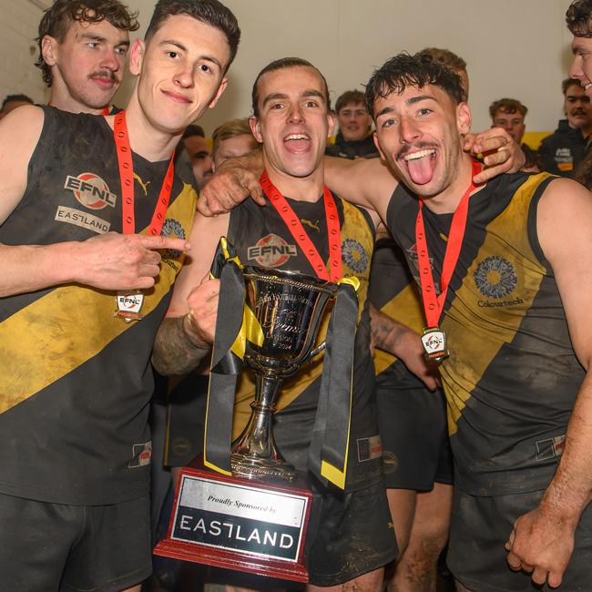 EFNL 2024: Mitcham co-captain Jesse Uren (middle) with the cup. Picture: Leesa Clarkson