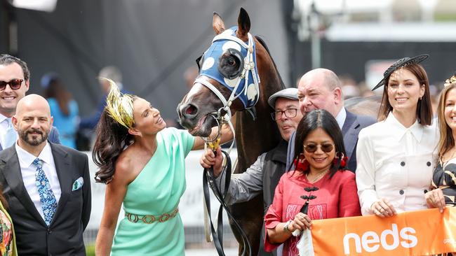 Co-trainer Natalie Young and Sunsets after winning the Neds Classic. Picture: George Sal / Racing Photos via Getty Images