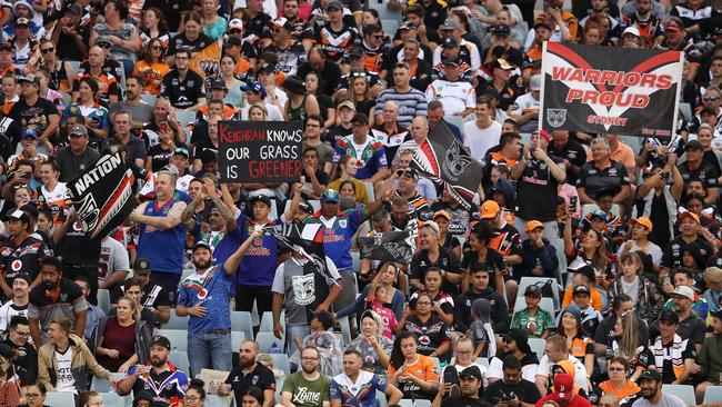 Warriors and Wests Tigers fans set up at Campbelltown Stadium. Photo: Mark Kolbe/Getty Images