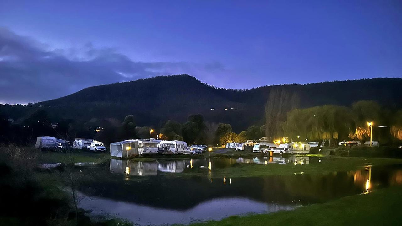 New Norfolk Caravan Park that has been evacuated due to rising flood waters from the Derwent River. Picture: Michelle Dracoulis