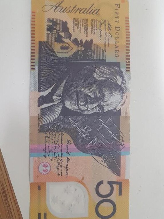 Can you spot the difference between fakes and real notes? (Hint: check the top of the note for colouring being scraped away. That’s a big sign it’s possibly fake.) Picture: supplied