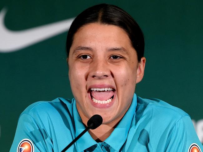 BRISBANE, AUSTRALIA - JULY 29: Sam Kerr speaks to the media during an Australian Matildas media opportunity in the FIFA Women's World Cup Australia & New Zealand 2023 at Queensland Sport and Athletics Centre on July 29, 2023 in Brisbane, Australia. (Photo by Bradley Kanaris/Getty Images)