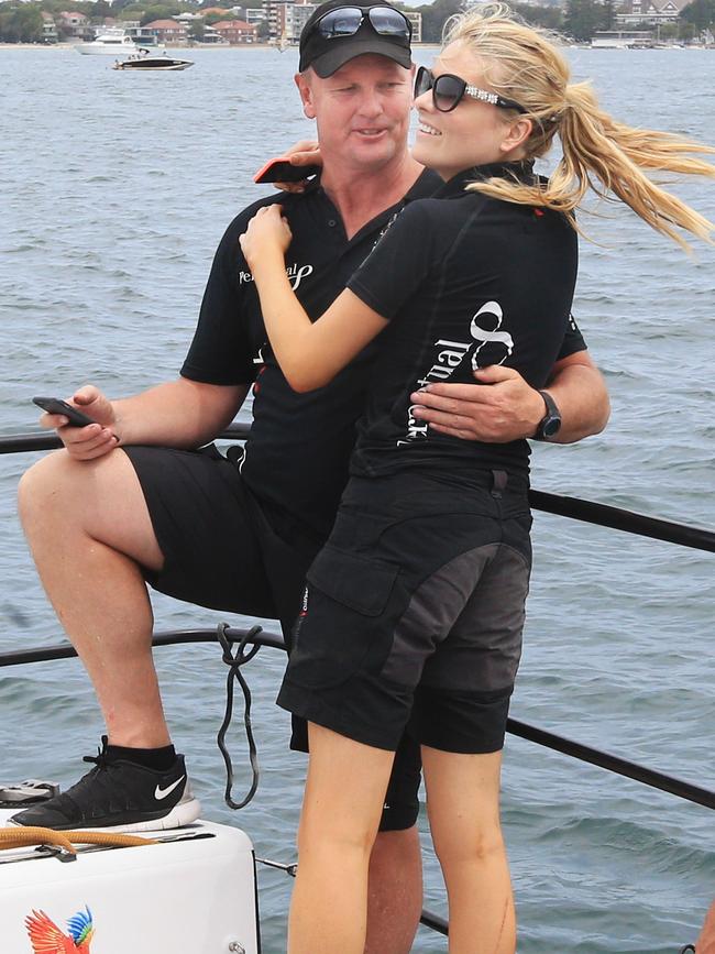 Erin Molan thanks skipper Anthony Bell after the Big Boat Challenge on Sydney Harbour. Picture: Mark Evans