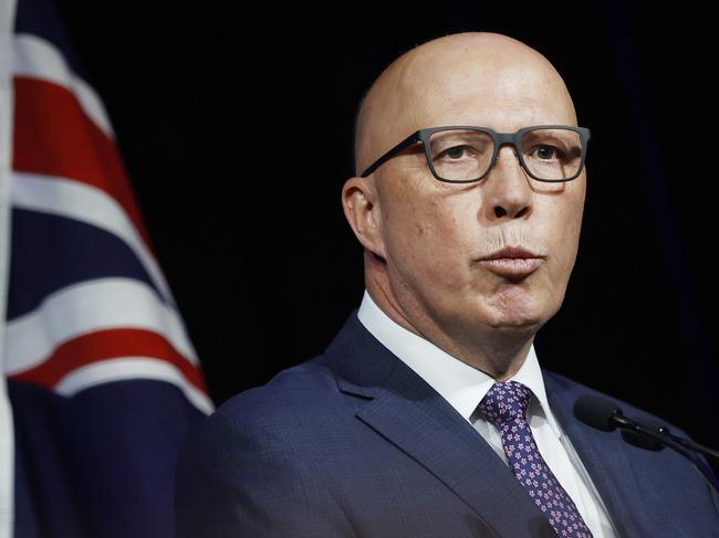 SYDNEY, AUSTRALIA - NewsWire photos NOVEMBER 25, 2023: The Hon Peter Dutton MP, Leader of the Opposition and Parliamentary Leader of the Liberal Party speaks during the Liberal State Convention at the Fullerton Hotel in Sydney. Picture: NCA NewsWire / Dylan Coker