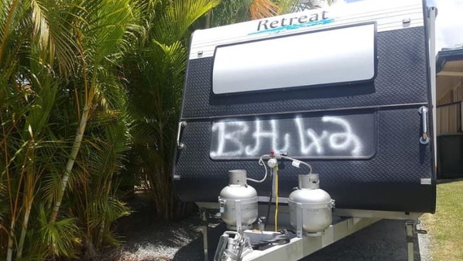 A caravan has been graffitied with the tag line "BH42" at Highland Reserve, Coomera. Photo: Facebook