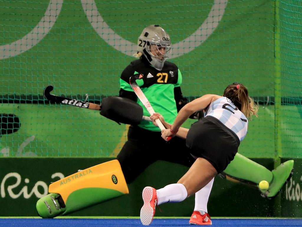 RIO DE JANEIRO, BRAZIL - AUGUST 11: Rachael Lynch #27 of Australia stops the shot of Maria Barrionuevo #27 of Argentina during a Women's Preliminary Pool B match at the Olympic Hockey Centre on August 11, 2016 in Rio de Janeiro, Brazil. (Photo by Sam Greenwood/Getty Images)