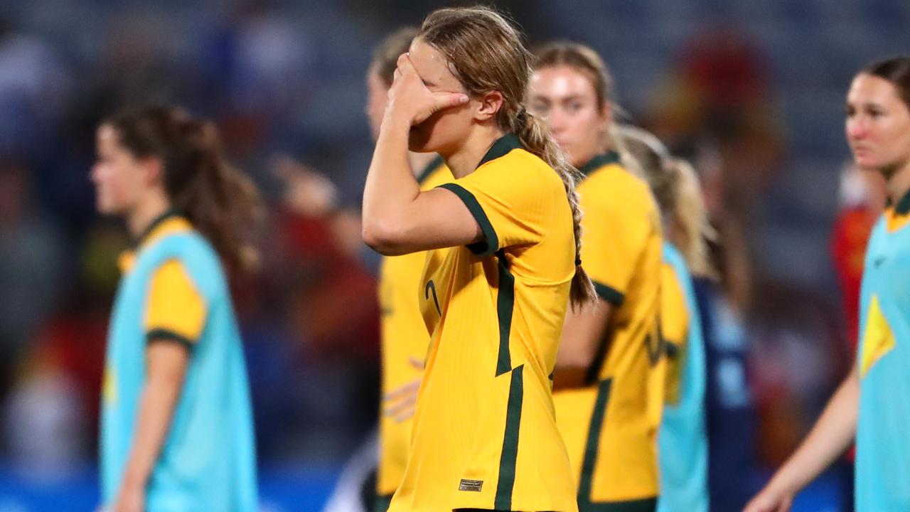 The Matildas were thumped 7-0 by Spain. (Photo by Fran Santiago/Getty Images)