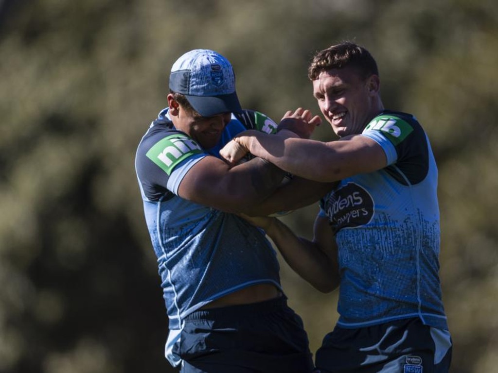 Jack Wighton’s (R) tight bond with Latrell Mitchell (L) could be key to an Origin return. Picture: Getty Images