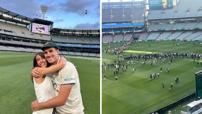 Pat Cummins and wife Rebecca Boston on the MCG after the fans had left. Photo: Instagram, @patcummins30 and Twitter, @beastieboy07.