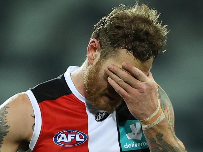 GEELONG, AUSTRALIA - AUGUST 14: Tim Membrey of the Saints looks dejected after the Saints were defeated by the Cats during the round 22 AFL match between Geelong Cats and St Kilda Saints at GMHBA Stadium on August 14, 2021 in Geelong, Australia. (Photo by Robert Cianflone/Getty Images)