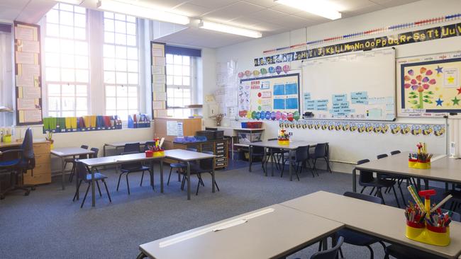 An empty school classroom during the holidays.