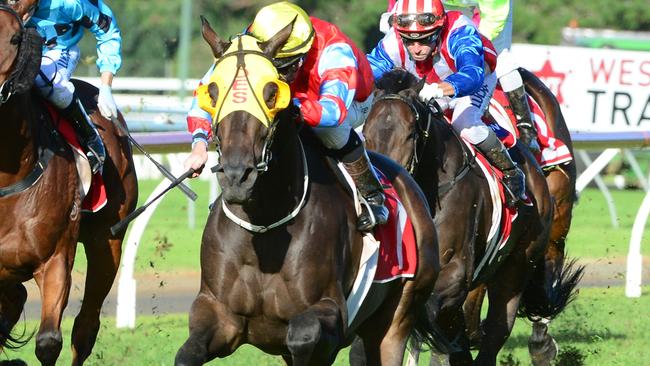 Cylinder Beach (for trainer Desleigh Forster and jockey Jim Byrne) winning the Toowoomba Cup. Picture: Grant Peters, Trackside Photography.