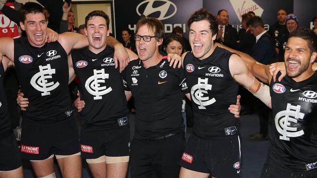 Teague celebrates his first AFL win in Round 12. Picture: Michael Klein