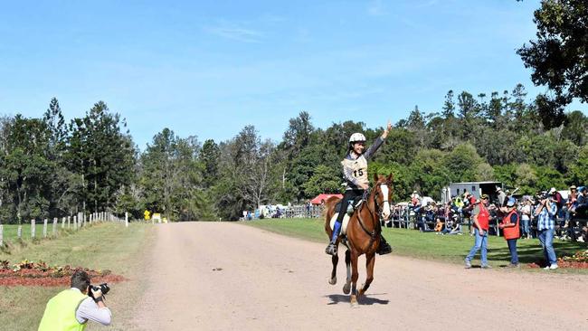 BRINGING IT ALL HOME: Winner of the 2019 Tom Quilty Gold Cup, Imbil woman Kaylea Maher, crosses the finish line on her nine-year-old Arab, Matta Mia Dimari. Picture: Donna Jones