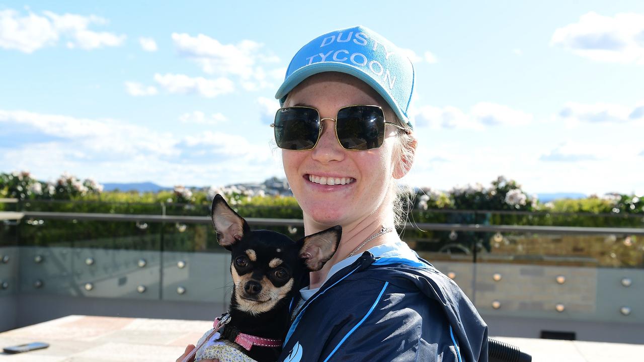 Jockey Leah Kilner with her dog Chanel at her home. Picture: Grant Peters