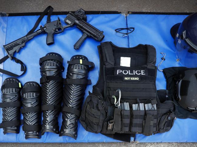 The riot gear includes helmets and protective vests. Picture: Sam Ruttyn