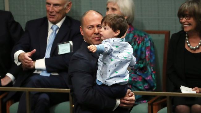 Josh Frydenberg in the House of Representatives for his first budget speech had one guaranteed fan, son Blake. Picture: Gary Ramage