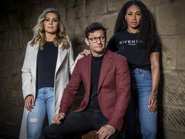 Chess the Musical cast members Natalie Bassingthwaighte, Rob Mills and Paulini prepare for its opening night in Melbourne. Picture: Jake Nowakowski.