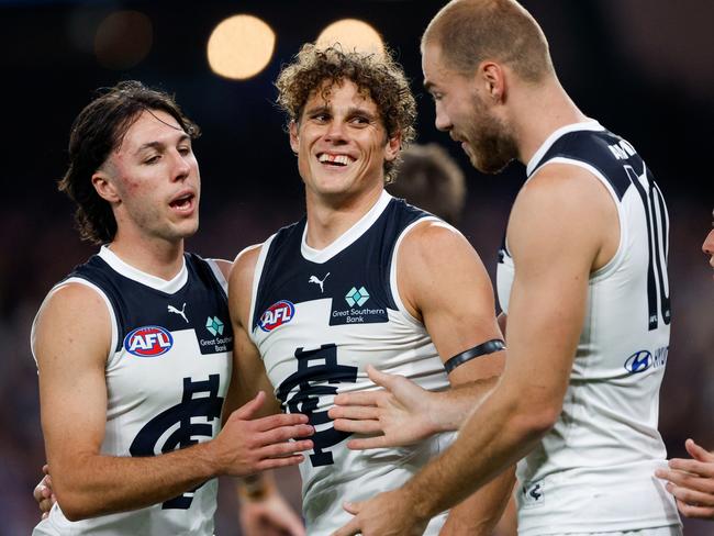 Harry McKay and Charlie Curnow firing at the same time is bad news for opposition defences. Picture: Dylan Burns/AFL Photos via Getty Images