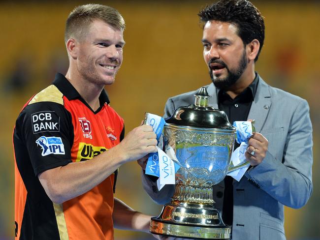 Sunrisers Hyderabad captain David Warner lifts the IPL trophy in 2016. Picture: AFP