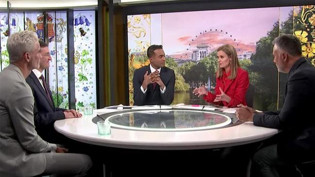 The ABC's panel during King Charles III's coronation including co-chair of the Australian Republic Movement Craig Foster, Liberal MP Julian Lesser, presenters Jeremy Fernandez and Julia Baird and Q+A host Stan Grant on May 6, 2023.