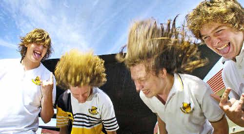 The cure: World’s Greatest Shave participants (from left) Bradley Brown, Jacob Anemaat, Daniel Windler and Blair Godfrey let their hair down at Lismore High School before it all gets shaved off for the Leukaemia Foundation.