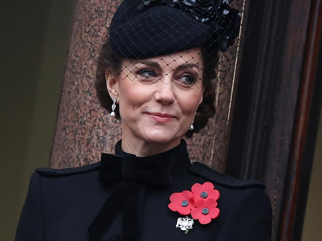 Catherine, Princess of Wales smiles as she stands from the balcony during the National Service of Remembrance at The Cenotaph. Picture: Getty Images.