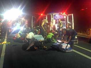 A man was airlifted to hospital in a critical condition after he was struck by two vehicles on the Warrego Highway. Picture: 7 News Toowoomba