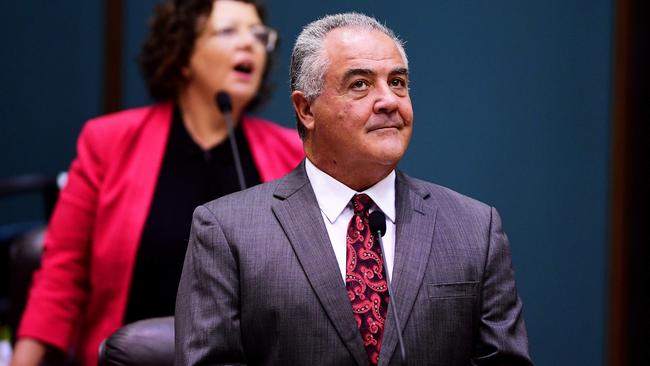 Labor MLA Gerry McCarthy stands for the National Anthem during the first sitting of the 2019 Parliamentary year. Picture: Justin Kennedy