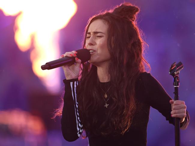 SYDNEY, AUSTRALIA - OCTOBER 25:  Singer Amy Shark performs before the 2020 NRL Grand Final match between the Penrith Panthers and the Melbourne Storm at ANZ Stadium on October 25, 2020 in Sydney, Australia. (Photo by Cameron Spencer/Getty Images)