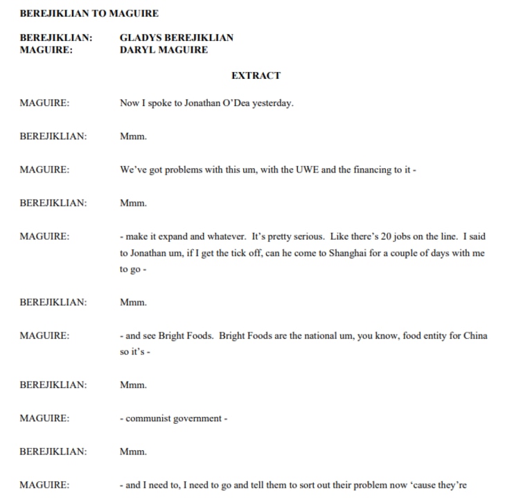 Part of a transcript of a call between Gladys Berejiklian and Daryl Maguire.