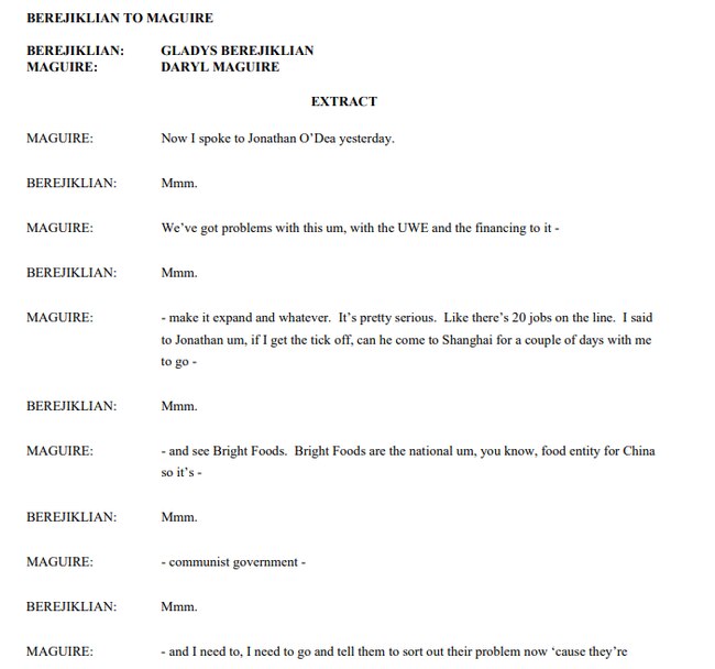 Part of a transcript of a call between Gladys Berejiklian and Daryl Maguire.