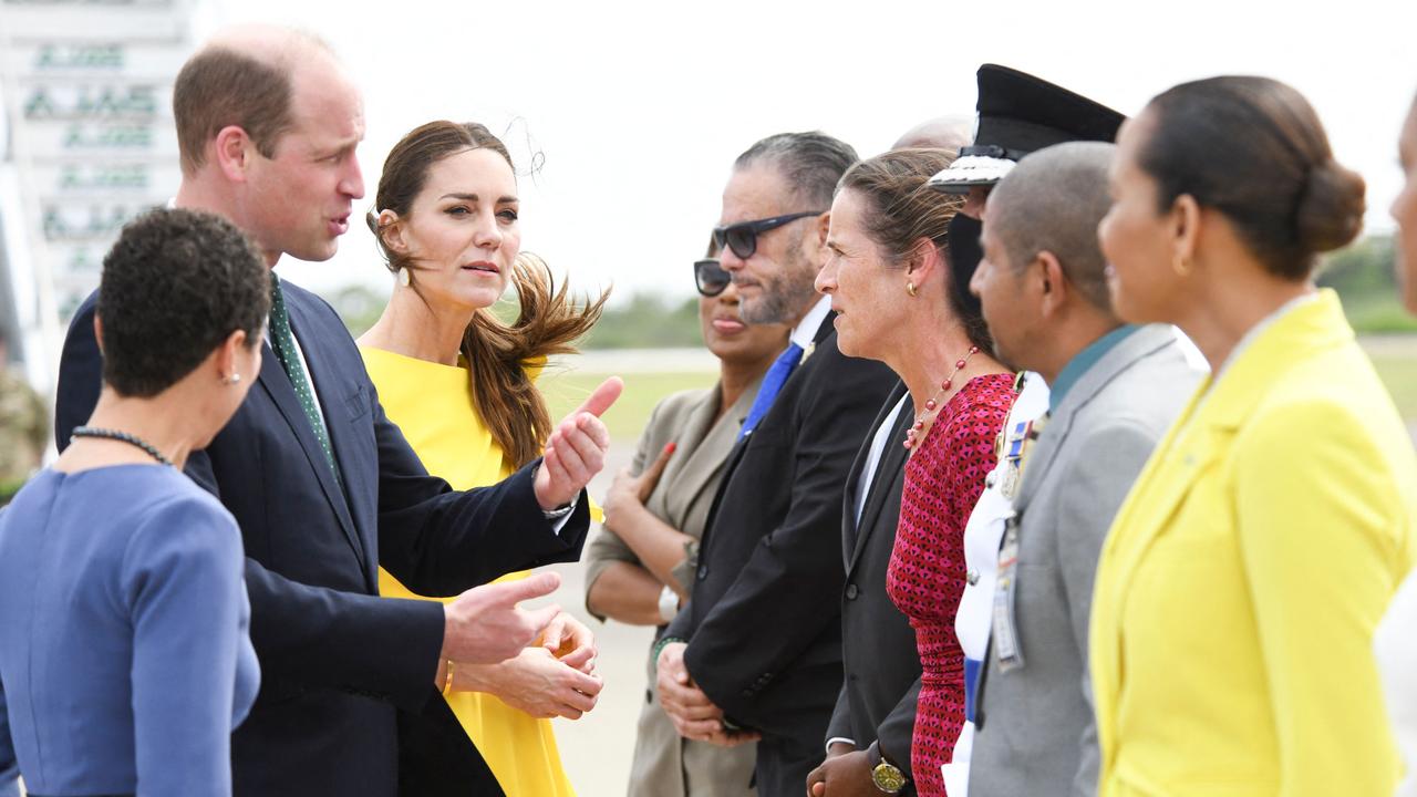 William and Kate with the Minister of Foreign Affairs in Jamaica, Senator Kamina Johnson Smith, at the welcome ceremony. Picture: Ricardo Makyn/AFP