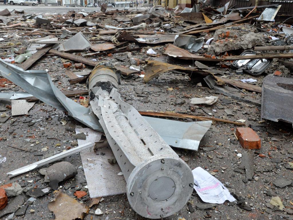 Part of a rocket after the shelling in Kharkiv. Picture: AFP