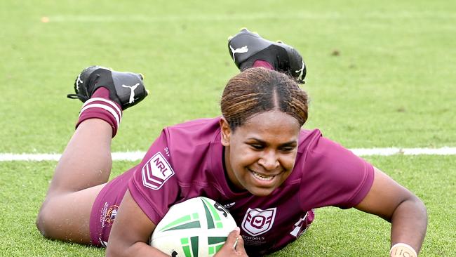 QLD player Relna Wuruki-Hosea Girls QLD Vs WA in the ASSRL national championships in Redcliffe. Saturday July 1, 2023. Picture, John Gass