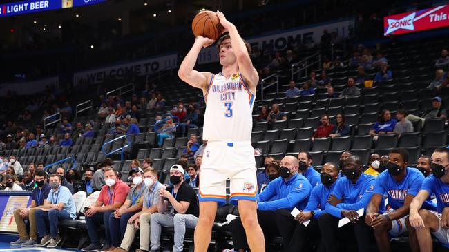 Josh Giddey suffered a big fall when he collided with Joel Embiid late in the fourth quarter of the Thunder’s match against the 76ers. Picture: Zach Beeker/NBAE via Getty Images