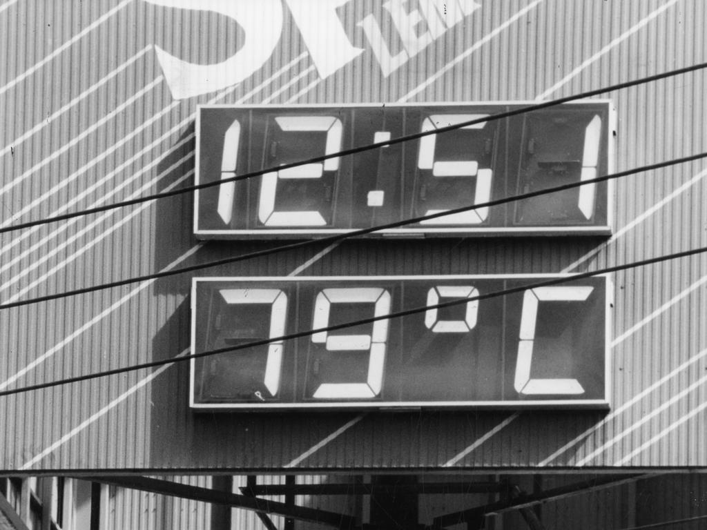 Electronic sign with the incorrect temperature (79C) displayed on the Coca-Cola factory at Thebarton, on April 7, 1994. Picture: Supplied