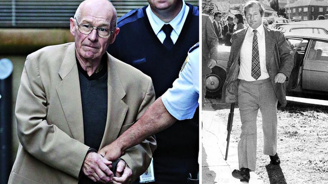 Roger Rogerson in custody outside court in 2016, left, and as a free man and crooked detective in his heyday. Pictures: News Corp