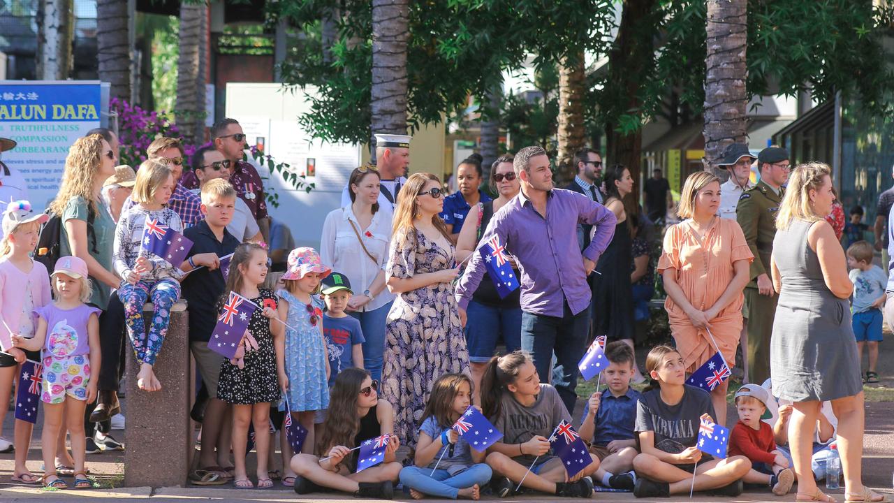 Darwin lines the street at the march on Darwin's Knuckey St commemorating ANZAC Day 2021. Picture Glenn Campbell