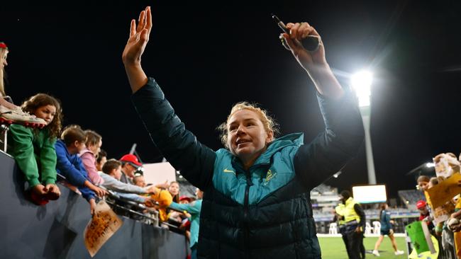 Clare Polkinghorne of Australia acknowledges the crowd after player her final match for the Matildas during the International Friendly Match between the Australia Matildas and Chinese Taipei at GMHBA Stadium on December 07, 2024 in Geelong, Australia. Picture: Quinn Rooney/Getty Images.