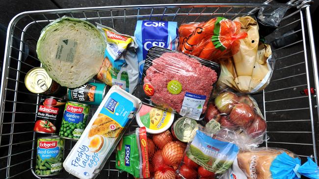 Basket of groceries for a food prices comparison between prices in Adelaide versus prices in Aboriginal communities in the outback APY Lands.